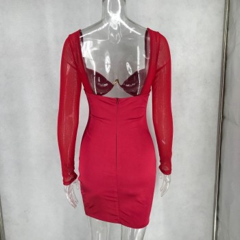 Mesh Patchwork Sexy Dress Women 2019 Red Skinny Summer Dresses With Padded Bra Backless Zipper Mini Dress